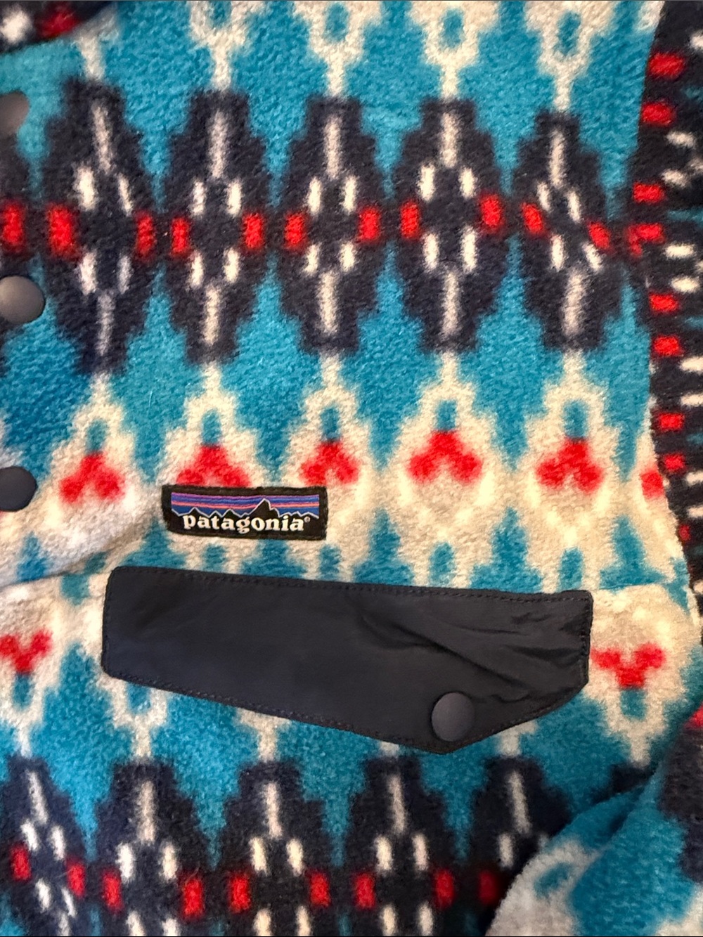 Patagonia Blue White Red Patterned Fleece Pullover gorpcore vintage xs outdoorsy - Picture 3 of 7